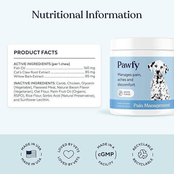 Pawfy Advanced Pain Management Soft Chews for Dogs, Hip & Joint Support Supplement with Glucosamine, Chondroitin, MSM & Omega-3
