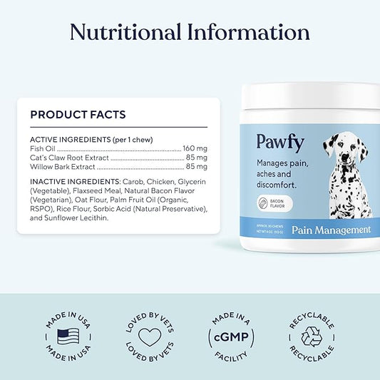 Pawfy Advanced Pain Management Soft Chews for Dogs, Hip & Joint Support Supplement with Glucosamine, Chondroitin, MSM & Omega-3