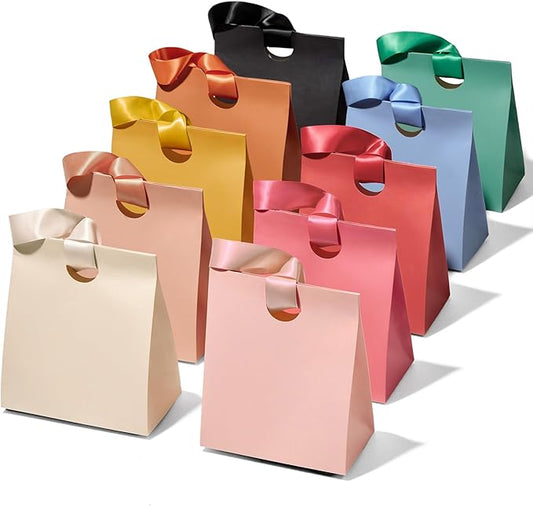 Vitalizart Reusable Gift Bags with Ribbon Handles, Assorted Colors Gift Wrapping Bags for Birthday, Christmas, Wedding & Party Favors, Pack of 10