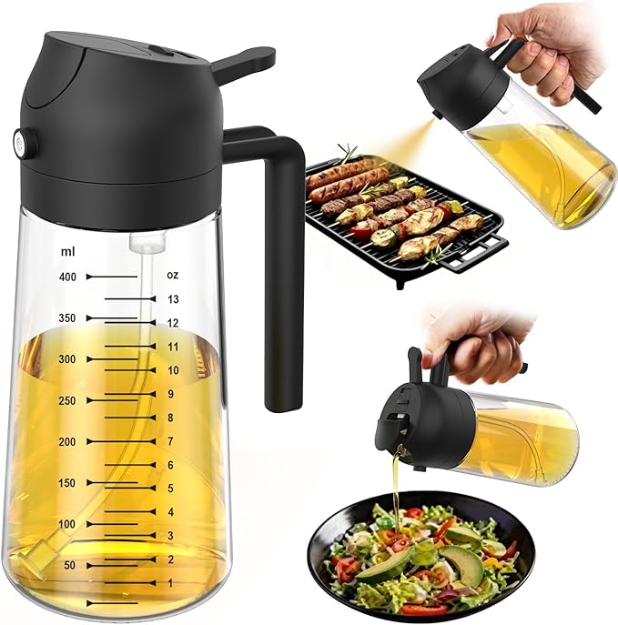 TrendPlain 16oz Olive Oil Sprayer & Dispenser Bottle, 2-in-1 Glass Oil Spray Bottle for Kitchen, Air Fryer, BBQ & Salad Cooking