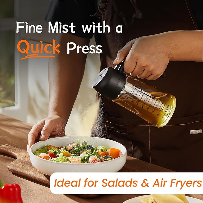 TrendPlain 16oz Olive Oil Sprayer & Dispenser Bottle, 2-in-1 Glass Oil Spray Bottle for Kitchen, Air Fryer, BBQ & Salad Cooking