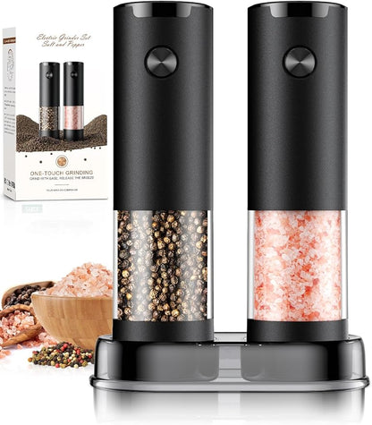 Automatic Electric Salt & Pepper Grinder Set, Rechargeable Stainless Steel Spice Mills with Adjustable Coarseness & LED Light