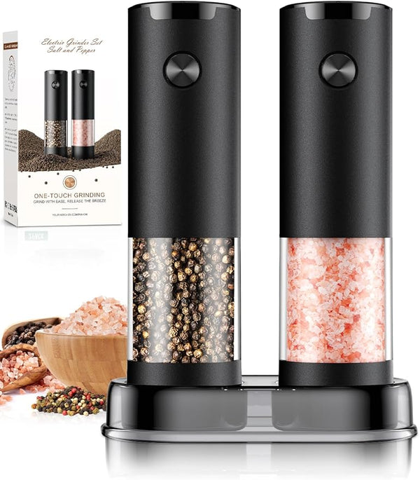 Automatic Electric Salt & Pepper Grinder Set, Rechargeable Stainless Steel Spice Mills with Adjustable Coarseness & LED Light