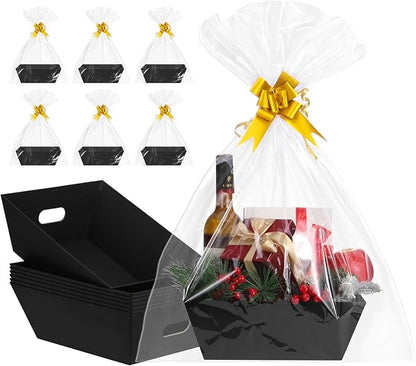 AFOROEOA Gift Basket Set with Clear Bags & Bows, Reusable Kraft Gift Baskets for Christmas, Birthday, Easter & Party Gifts, Pack of 10