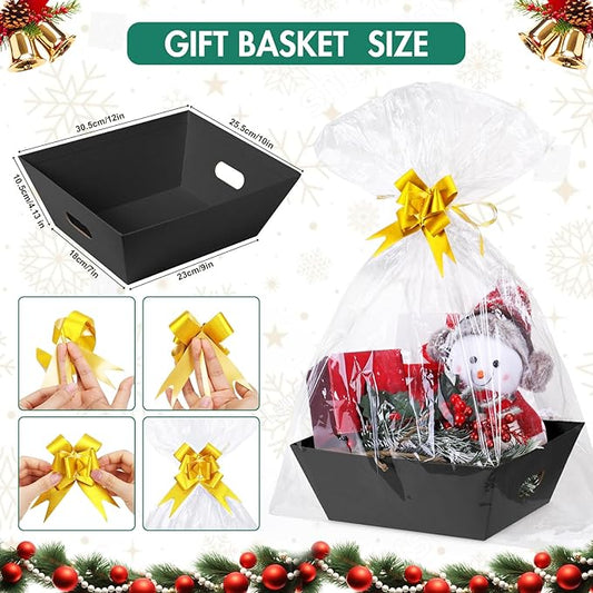 AFOROEOA Gift Basket Set with Clear Bags & Bows, Reusable Kraft Gift Baskets for Christmas, Birthday, Easter & Party Gifts, Pack of 10