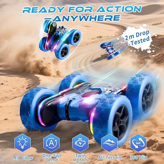 Zalneo 4WD Remote Control Stunt Car for Kids, Double-Sided 360° Flip RC Car with LED Lights & Rechargeable Batteries, Birthday & Christmas Gift