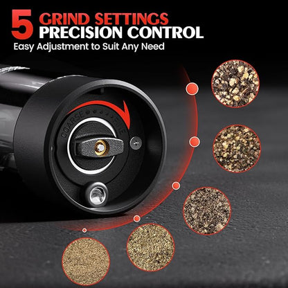 Automatic Electric Salt & Pepper Grinder Set, Rechargeable Stainless Steel Spice Mills with Adjustable Coarseness & LED Light