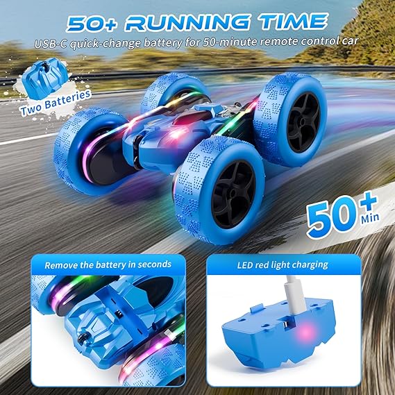 Zalneo 4WD Remote Control Stunt Car for Kids, Double-Sided 360° Flip RC Car with LED Lights & Rechargeable Batteries, Birthday & Christmas Gift