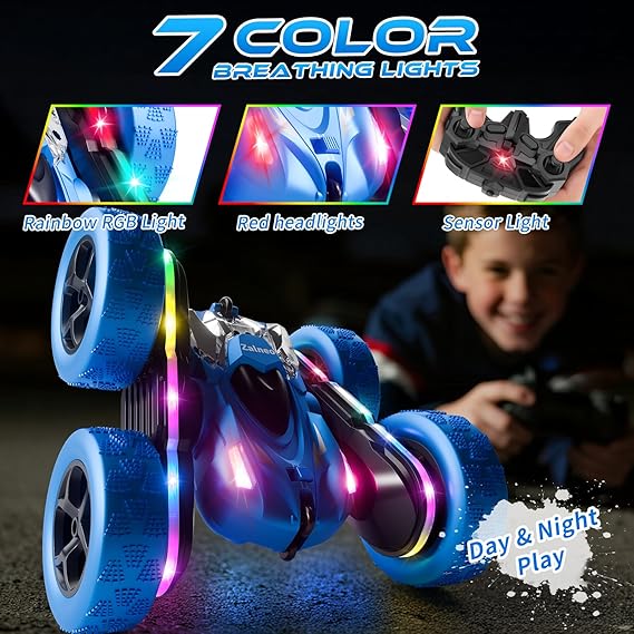 Zalneo 4WD Remote Control Stunt Car for Kids, Double-Sided 360° Flip RC Car with LED Lights & Rechargeable Batteries, Birthday & Christmas Gift
