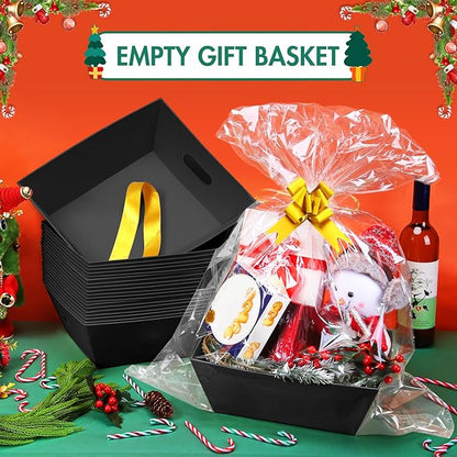 AFOROEOA Gift Basket Set with Clear Bags & Bows, Reusable Kraft Gift Baskets for Christmas, Birthday, Easter & Party Gifts, Pack of 10