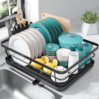 Sakugi Compact Dish Drying Rack for Kitchen Counter, Stainless Steel Dish Drainer with Drainboard, Black, 15" x 12" x 5"