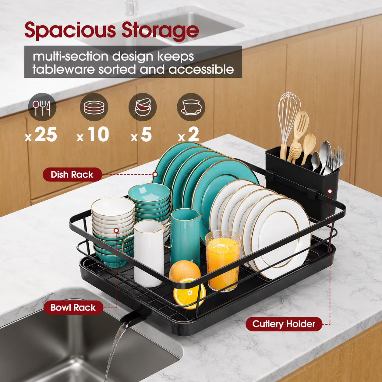 Sakugi Compact Dish Drying Rack for Kitchen Counter, Stainless Steel Dish Drainer with Drainboard, Black, 15" x 12" x 5"