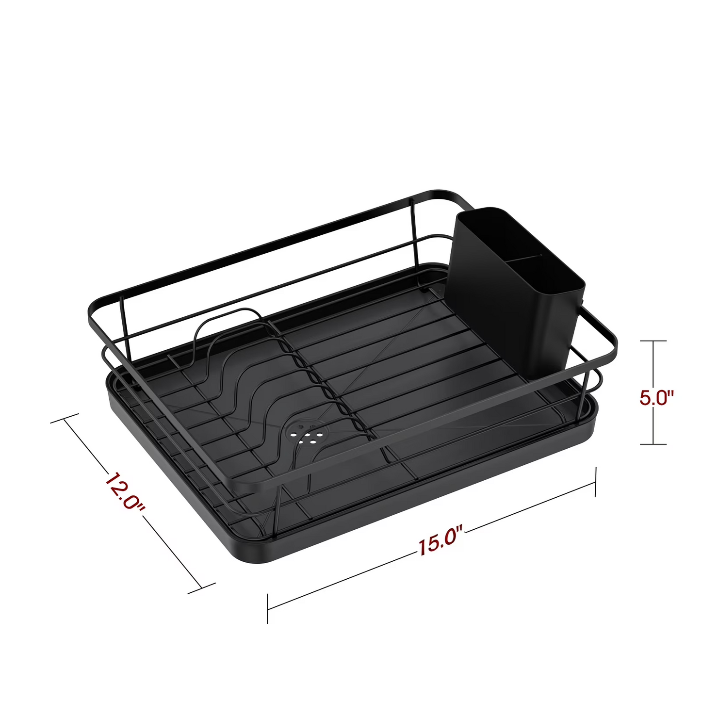 Sakugi Compact Dish Drying Rack for Kitchen Counter, Stainless Steel Dish Drainer with Drainboard, Black, 15" x 12" x 5"
