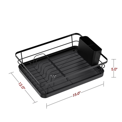 Sakugi Compact Dish Drying Rack for Kitchen Counter, Stainless Steel Dish Drainer with Drainboard, Black, 15" x 12" x 5"