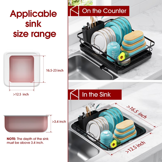 Sakugi Compact Dish Drying Rack for Kitchen Counter, Stainless Steel Dish Drainer with Drainboard, Black, 15" x 12" x 5"