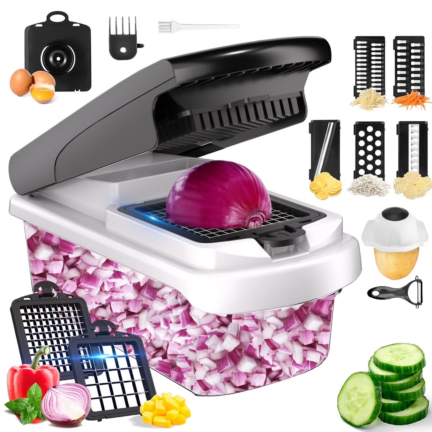 Aonhom 15-in-1 Vegetable Chopper Food Slicer with Container, Multi-Function Onion Cutter & Cheese Grater, White