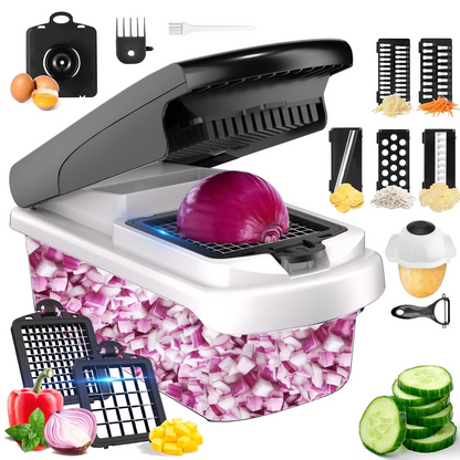 Aonhom 15-in-1 Vegetable Chopper Food Slicer with Container, Multi-Function Onion Cutter & Cheese Grater, White