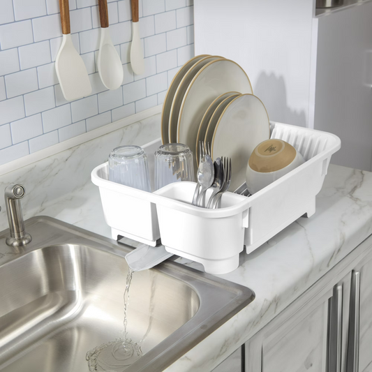 Mainstays Kitchen Sink Organizer Set with Self-Draining Caddy & Retractable Spout, White